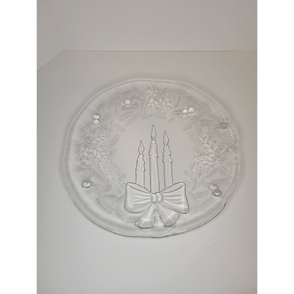 Vintage 12" Clear Glass Cookie Tray Etched Candles Holly Bow Christmas Winter - Picture 9 of 9